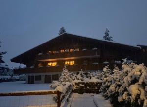 a house covered in snow with trees in front of it at Petite Fraise in Gstaad