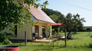 a small house with a patio and an umbrella at Ferienhaus Sonne in Göhren-Lebbin