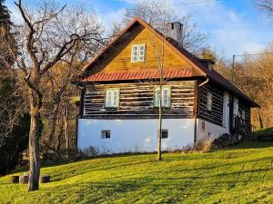an old wooden house on a grassy hill at Roubenka Vendryně in Vendryně