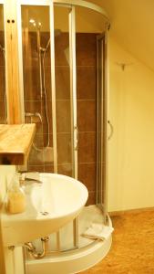 a bathroom with a white sink and a shower at Barthmühle in Klipphausen +14 photos