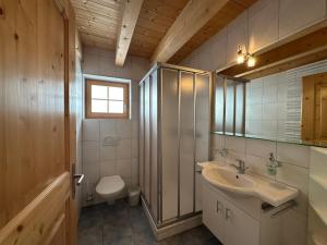 a bathroom with a sink and a shower and a toilet at Chalet Allegra AL0 in Belalp