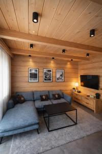 a living room with a blue couch and a tv at Pikno Chata PL in Biały Dunajec