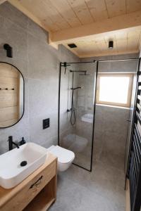 a bathroom with a toilet and a sink and a shower at Pikno Chata PL in Biały Dunajec +14 photos