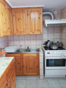 a kitchen with wooden cabinets and a stove and a sink at Dimitreli Beach House in Telendos