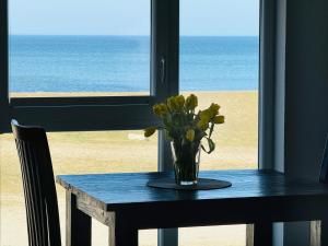 a vase of flowers on a table in front of a window at Apartment Potosi Teichhof Fehmarn in Wenkendorf