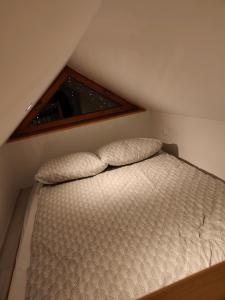 a bed with two pillows in a small room at Pienińskie Zacisze in Jaworki