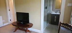a television sitting on a table in a bathroom at Butt Lodge in Lochranza