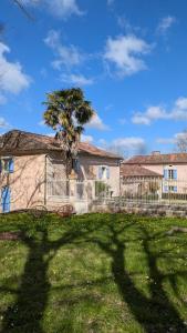 a house with a fence and a palm tree at Maison Nathis in Saint-Sulpice-de-Roumagnac