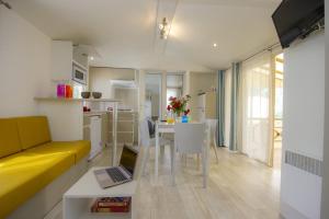 a living room with a couch and a table with a laptop at Vakantiepark het Wieskamp in Henxel