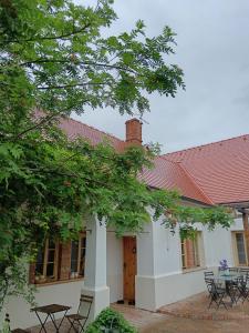 a white house with a red roof and a patio at Penzion PROVANS - Pálava in Dolní Dunajovice