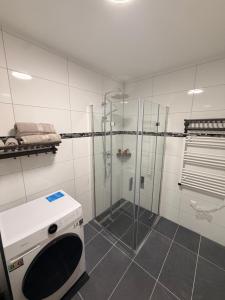 a bathroom with a shower with a glass shower stall at Zum Löwen Apartments in Reutte +74 photos