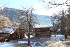 a log cabin in the snow with mountains in the background at Heidi Hütte in Döllach