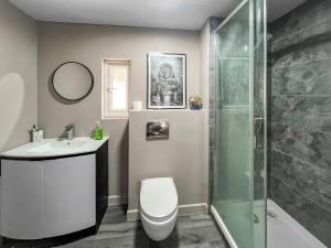 a bathroom with a shower and a toilet and a sink at Forge Cottage in Canterbury