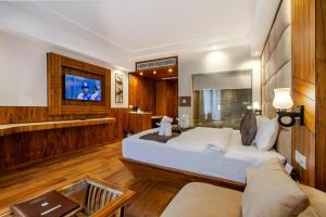 a bedroom with a large bed and a tv at Hotel Square Plaza At Airport in New Delhi