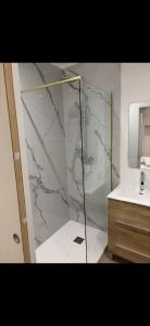 a bathroom with a glass shower and a sink at Bungalow BAO in Fort-de-France