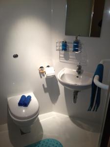 Baño blanco con aseo y lavamanos en Alton Apartments, en Bradford
