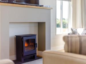 a stove in a living room with a fireplace at Nanny Goat Lodge in Crossway Green