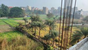 a view of a field with palm trees and a city at Laxmi Narasimha Hotel in mayapur