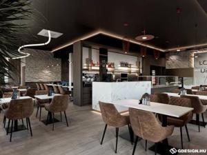 a restaurant with tables and chairs and a bar at Quattro Casa in Sopron