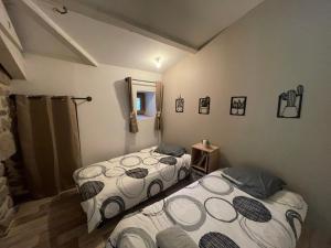 two twin beds in a room with a mirror at Gîte des Nicolaux in Beauvène