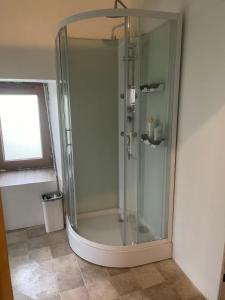 a shower with a glass door in a bathroom at Gîte des Nicolaux in Beauvène