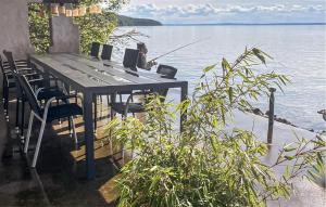 a table with chairs and a dog sitting on a fishing pole at Nice Home In Gränna With House Sea View in Gränna