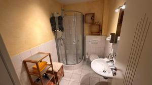 ein Badezimmer mit Dusche und Waschbecken in der Unterkunft Elsbach-Perle in Oberelsbach