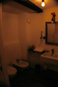 a bathroom with a sink and a toilet and a mirror at Sir Thomas Bed Central in Bolzano