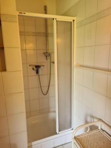 a shower with a glass door in a bathroom at Haus Austernfischer in Schweiburg +15 photos