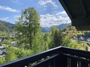 a balcony with a view of the mountains at Apartmenthaus Eisenstraße in Lunz am See