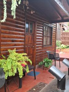 a wooden house with a bench and some plants at Iguazú Cabañas in Puerto Iguazú