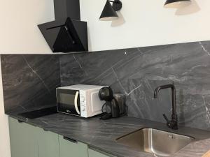 a microwave sitting on a counter next to a sink at Apartamentos Turísticos La Terraza* in Las Cabezas de San Juan +48 photos