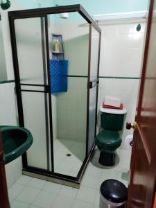 a bathroom with a shower and a green toilet at Casa Campestre Villa Alejandra in La Tebaida +27 photos