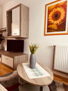 a living room with a table with a vase on it at Appartement Gombotz in Halbenrain