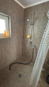 a shower with a shower head in a bathroom at Das Blaue Haus - jetzt mit Sauna in Pirmasens +44 photos