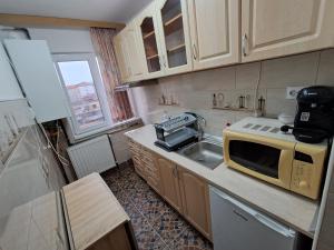 a small kitchen with a sink and a microwave at "NIB's apartment" in Caransebeş