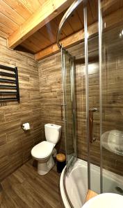 a bathroom with a toilet and a bath tub at Grey House Istebna in Istebna +13 photos