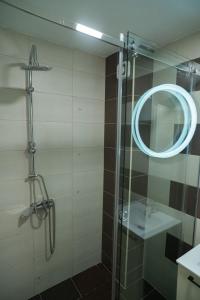 a bathroom with a glass shower with a mirror at Nedodjija apartman in Leskovac