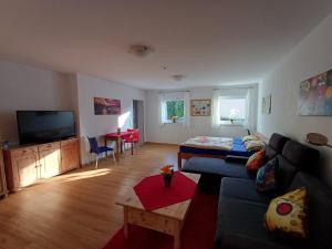 a living room with a couch and a flat screen tv at Charme Appartment in Freiburg im Breisgau