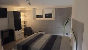 a bedroom with a bed and a chair and windows at Casa a 4 zampe in Gorizia