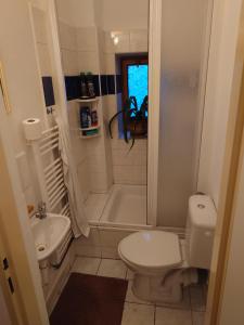 a bathroom with a toilet and a tub and a sink at Zukalka 2KK - 1 in Ostrava