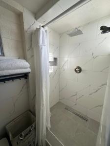 a bathroom with a shower with a shower curtain at Windy Nook - The Contemporary Tiny Home in Saint Philip