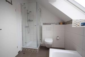 a bathroom with a glass shower and a toilet at Feriendorf Südstrand Haus 11 in Pelzerhaken +26 photos