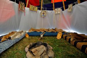 a group of animals laying on the grass next to a tent at Fort Wapiti in Zalasowa