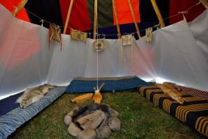 a group of animals laying on the grass in a tent at Fort Wapiti in Zalasowa