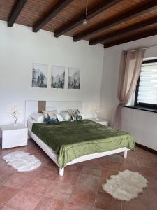 a bedroom with a large bed with a green blanket at Lago Maina Appartamenti in Sauris