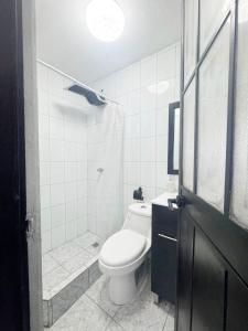 a white bathroom with a toilet and a shower at Garden Gathering Room in San Lucas Tolimán +17 photos