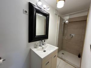 a bathroom with a sink and a shower and a mirror at Résidence P&C Studio élégant proche Paris - Neuilly-sur-Marne in Neuilly-sur-Marne