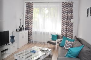 ein Wohnzimmer mit einem Sofa und einem Glastisch in der Unterkunft Apartament Rosa in Jelenia Góra