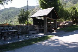 einen Picknickplatz mit einem Picknicktisch in einem Park in der Unterkunft Bungalows Nou Camping in La Guingueta d'Àneu